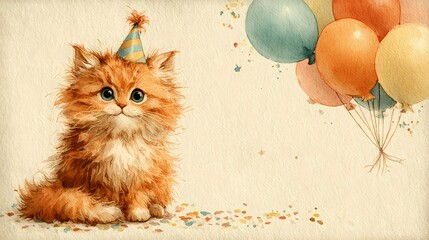 Cute birthday postcard with cat and baloons