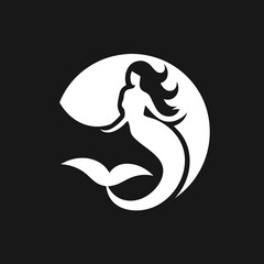 Minimal mermaid white silhouette icon on black background, perfect for stickers, branding, logos, and themed illustrations.