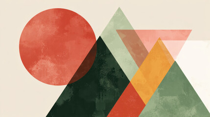 geometric abstraction with interlocking triangles and circles in terracotta, sage green, and ochre, modern minimalist art style