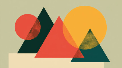 geometric abstraction with interlocking triangles and circles in terracotta, sage green, and ochre, modern minimalist art style