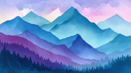 watercolor wash of layered mountains in gradient blues and purples, misty peaks fading into sky, peaceful and meditative
