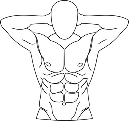 Minimalist black outline drawing of a strong muscular male torso bodybuilder posing showing definition