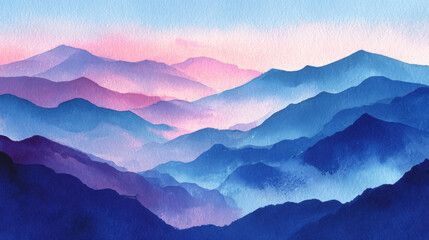 watercolor wash of layered mountains in gradient blues and purples, misty peaks fading into sky, peaceful and meditative