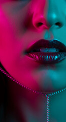 Fototapeta premium Close-up of a face with glossy lips under pink and cyan light, representing beauty, cosmetics, or nightlife concepts, with chain detail
