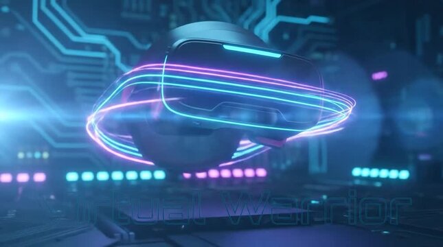 A virtual reality headset glows with digital energy amidst futuristic circuits.