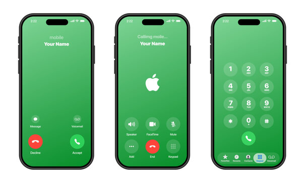 Iphone call interface showing incoming outgoing panels contact avatar mute volume keypad voicemail alerts in modern iOS layout UI vector illustration