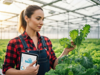 Woman examining kale in a greenhouse, using a tablet for data analysis
