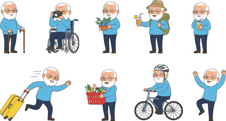 Cute elderly man character set illustrating various daily activities such as traveling, cycling, gardening, shopping, relaxing, photography, and enjoying an active senior lifestyle
