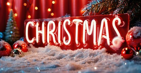 Bright neon Christmas sign rests on snow. Red ornaments surround it. Festive background features blurred lights, creating warm holiday mood.