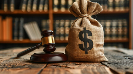 Money bag labeled Fine alongside a judge's gavel, concept of bribery and corruption