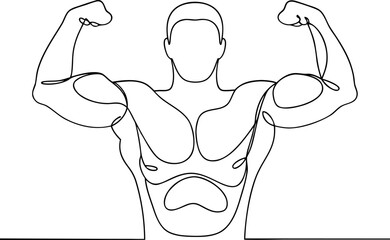 Minimalist continuous line art drawing of a strong muscular man flexing his biceps