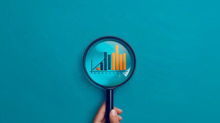 Hand holding a magnifying glass analyzing statistical graphs, copy space on sides
