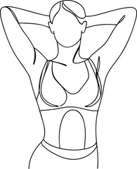 Minimalist continuous line art drawing of a woman in a sports bra with hands behind her head feeling relaxed and confident