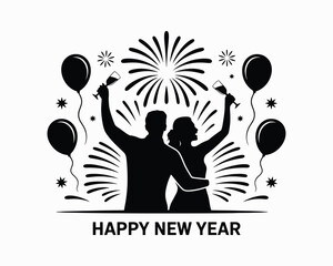 Colorful Silhouette New Year Party Vector with Confetti & Balloons