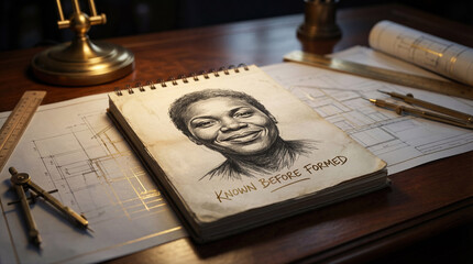 Sketchbook with a portrait of a woman and text Known Before Formed on an architect's desk. Biblical concept of divine design and sanctity of life based on Jeremiah 1:5.