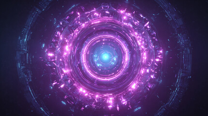 An abstract neon tunnel, a futuristic digital portal, creating an optical illusion with concentric circles and radiant light. This image shows a vibrant, dynamic, and mysterious scene.