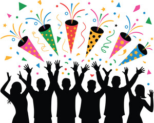 Holiday Celebration Silhouette with Colorful Confetti Vector