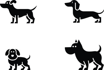 Set of Four Black Silhouette Icons of Various Dog Breeds Including Happy Puppies, Ideal for Pet Shop Logos, Veterinary Clinics, and Animal-Themed Graphic Design