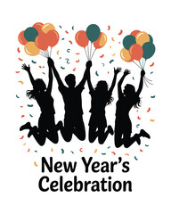 New Year Festive People Silhouette with Balloons Art