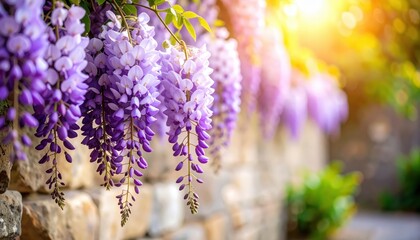 Purple wisteria gracefully adorns stone wall delicate purple wisteria hangs elegantly from sturdy stone wall