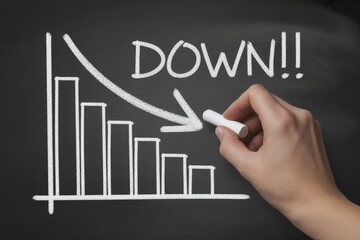 Hand drawing a downward trend bar chart with the word down on a blackboard