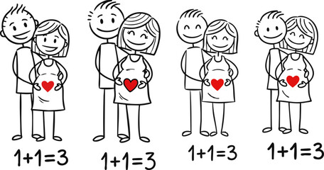 Stick figure couples celebrating pregnancy with hearts showing one plus one equals three concept