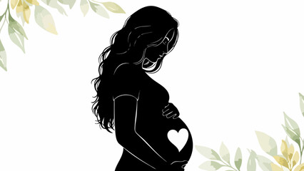Elegant black silhouette of a pregnant woman holding her belly with a heart detail