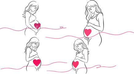 Four minimalist line art silhouettes of pregnant women embracing motherhood with glowing pink hearts