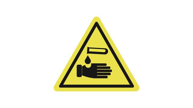 4K footage corrosive hazard yellow black icon sign loop animation. Isolated on white background. Hazard symbol. Ideal for presentations, motion graphics, digital art