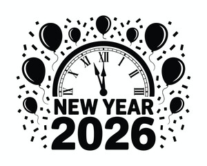 New Year 2026 Celebration Clock Vector Design