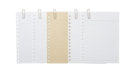 Multiple lined paper sheets clipped together isolated on transparent background