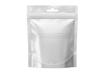 Blank white stand up pouch with zipper and hang hole isolated on transparent background