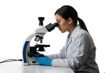 Scientist examining sample with microscope isolated on transparent background