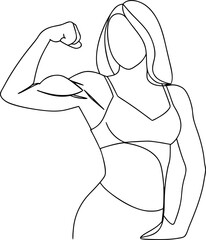 Strong confident woman flexing bicep showing powerful arm muscles in a minimalist line art style illustration
