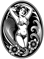 Seductive Pin-up Woman Sitting in Ornate Black and White Oval Frame