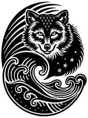 Stylized Wolf Head on a Swirling Water Wave Engraving Design