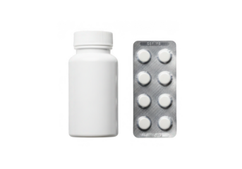 White pill bottle and blister pack of tablets isolated on transparent background