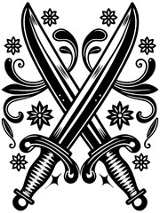 Crossed Daggers Tattoo Style Design with Floral Decoration
