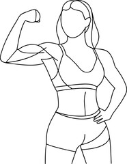 Strong confident woman showing bicep muscle in workout outfit line art illustration isolated on transparent background