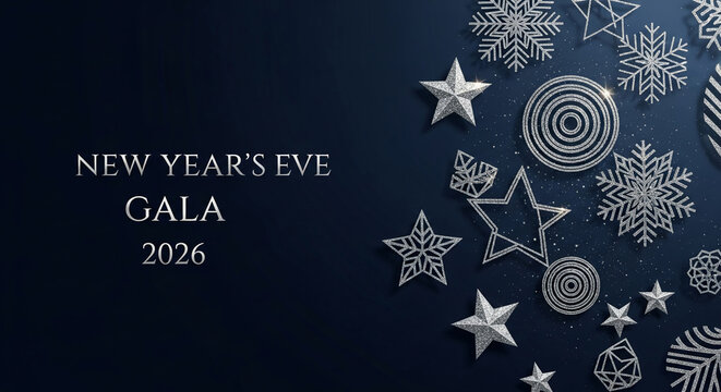 Silver snowflake and star decorations on dark blue background, symbolizing New Year's Eve celebration, festive season, and winter gala 2026