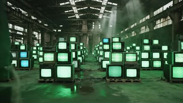 Dark Industrial Warehouse Filled with Stacks of Glowing Green Televisions.