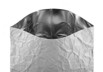 Crinkled silver foil bag opening upwards isolated on transparent background