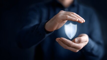 a person holding their hands around a glowing digital shield icon, symbolizing concepts such as security, protection, and data privacy.
