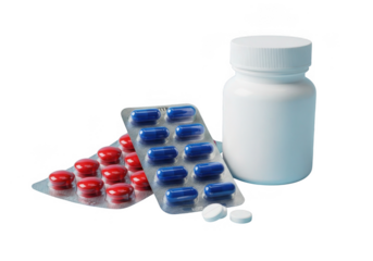 White medicine bottle with blister packs of pills isolated on transparent background