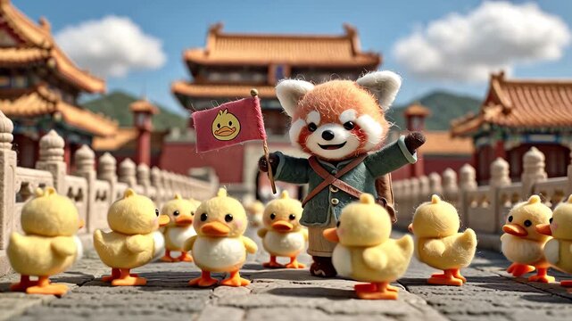 Adorable Red Panda Leads a Parade of Cute Ducklings Through a Traditional Chinese Courtyard.