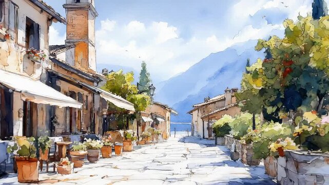 Charming European village lane, a beautiful aquarelle brushwork creation. Bright sun highlights historic architecture, vibrant floral arrangements, green foliage, and majestic faraway mountains.