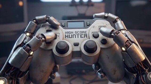 A robot's metallic hands hold a video game controller ready to play.