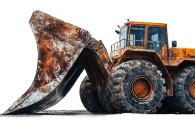 Close up of a construction digger with a large bucket working on an active building site