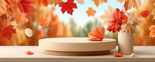 Autumn leaf display with pedestal centerpiece and vase on a wooden table, warm fall colors