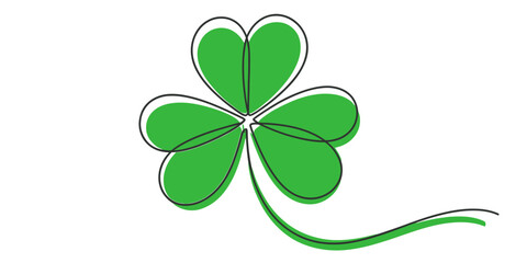Minimalist green shamrock symbol with a continuous black outline on a white background, representing luck, st patrick's day, and fortune in a simple graphic design. Vector, illustration